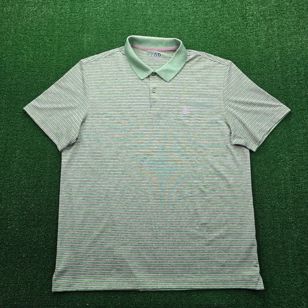 IZOD Golf Performance Polo Shirt Mens Large Green Stretch Striped Casual